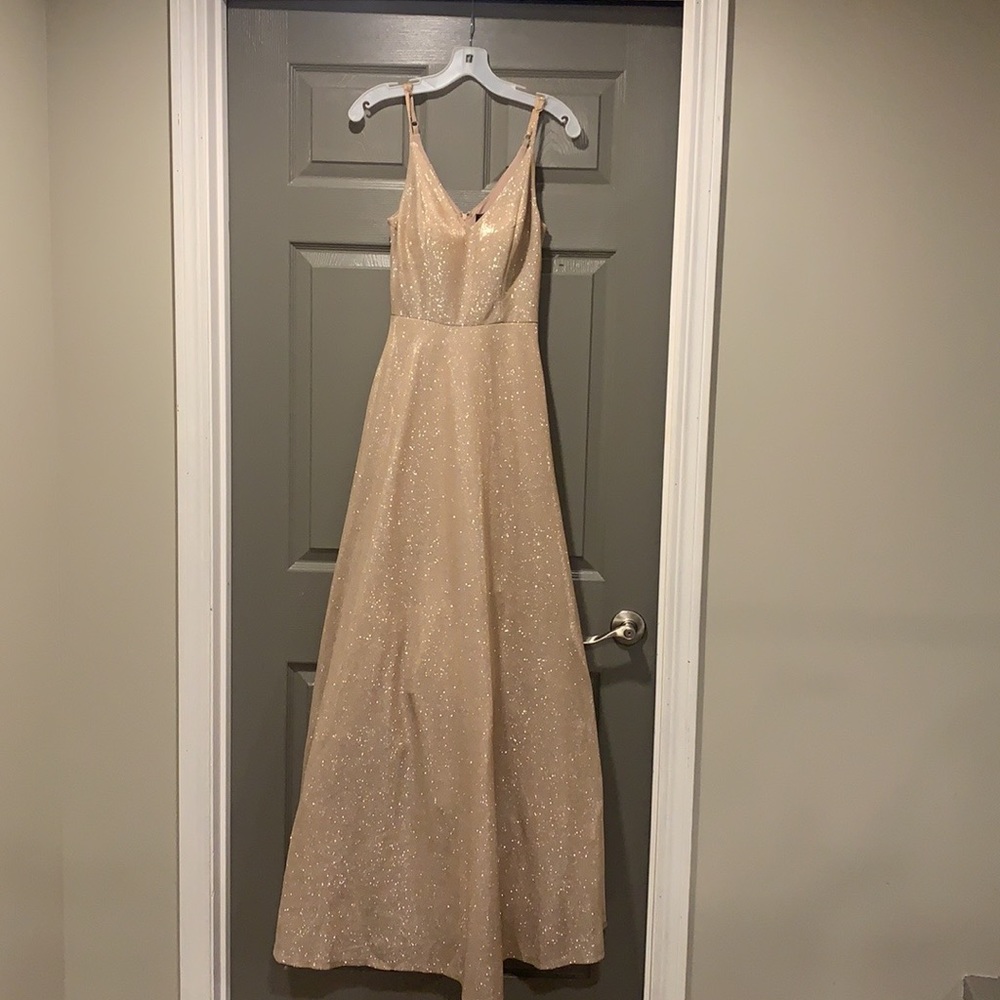David’s Bridal full length gown. A-line spaghetti straps rose gold.